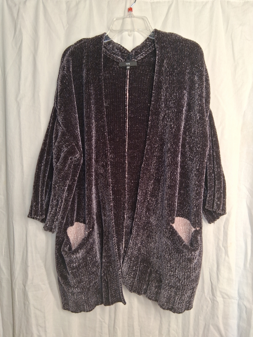 Fate Plush Velvet Open Cardigan in Deep Plum with Pink Pocket Accents